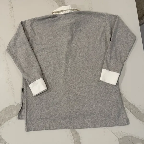 Aerie Cotton Prep Rugby Oversized Polo Long Sleeve Shirt Women’s XS Gray/White - Image 7