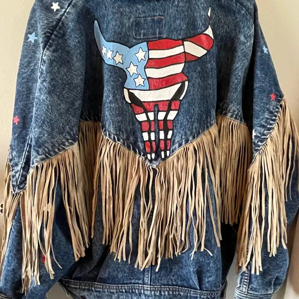 🤠Fringe Denim Western Jacket💃🏼 ~Large Blue - Image 13