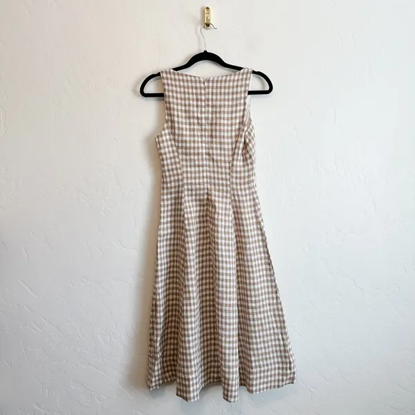 Reformation | Sebastien 100% Linen Gingham Button Front Midi Dress in Natural - Image 7