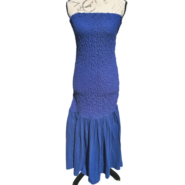 Anthropologie NWT Celadine Strapless‎ Popcorn Midi Dress Smocked Blue Size Small - Image 3