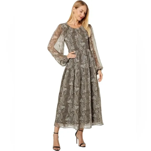 En Saison Teyana Lace Up Long Sleeve Midi Dress Olive Floral Small NWT - Image 2