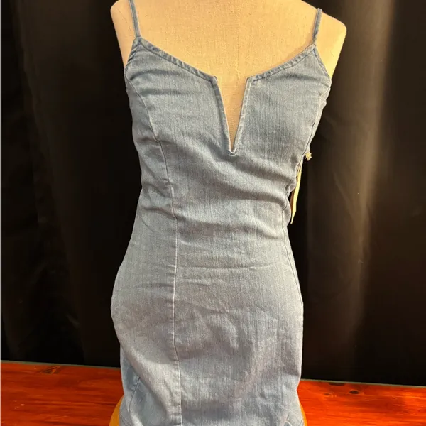 Mele E Pere Denim Mini Dress Light Wash Notched V-Neck Bodycon‎ Blue Womens M - Image 7