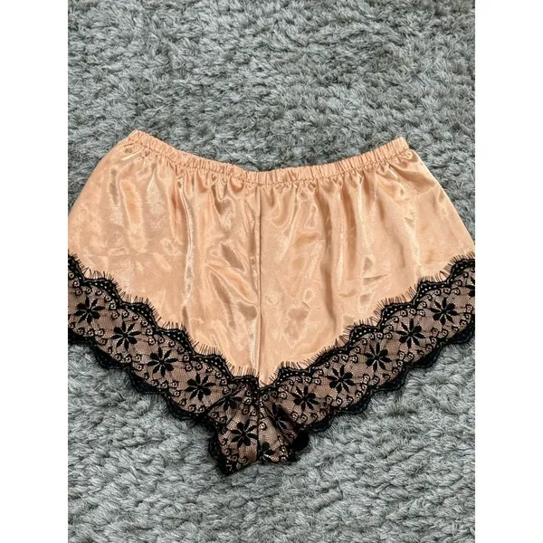 Women’s Satin Tap Shorts Black Lace Trim Lounge Sleep Pajama Pants Beige Size XL - Image 4