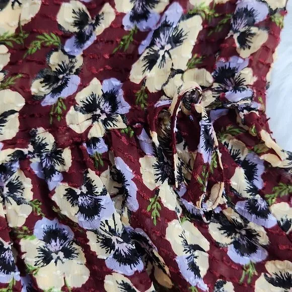 Madewell -565 Drawstring Ruffle-Hem‎ Top Blouse in Viola Floral Burgundy Medium - Image 6
