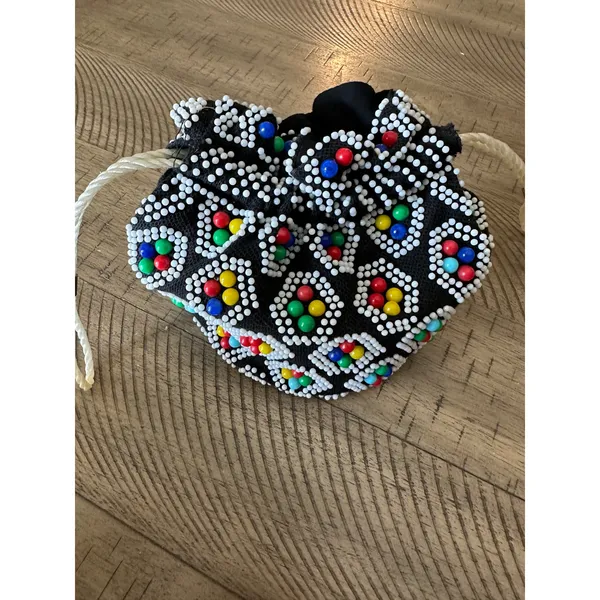 Vintage 1960s Beaded Drawstring Pouch Bag MCM Multicolor Bead Purse‎ Rockabilly - Image 4