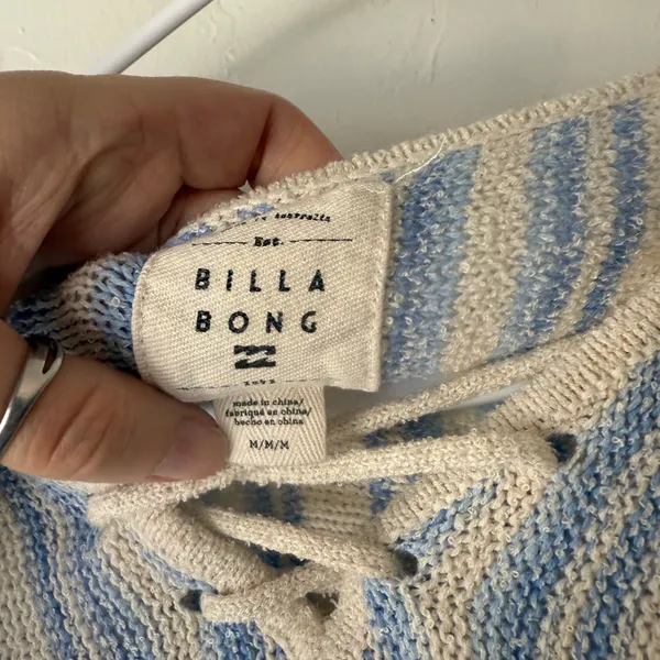 Billabong Striped Lace Up Knit Sweater Pullover Women M Blue Cream‎ Surfer Beach - Image 3