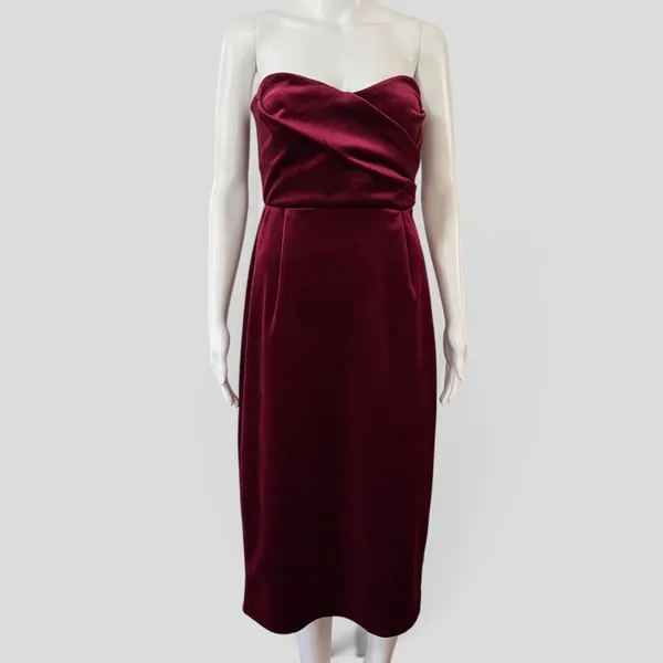 Express Velvet Strapless Midi Dress M Burgundy Draped Sweetheart Cocktail - Image 2