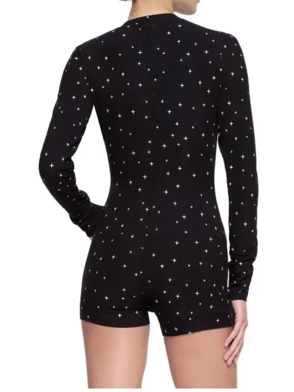 SKIMS Loungewear Button Up Henley Onesie in Onyx Sparkle Long Sleeve Ribbed S - Image 2