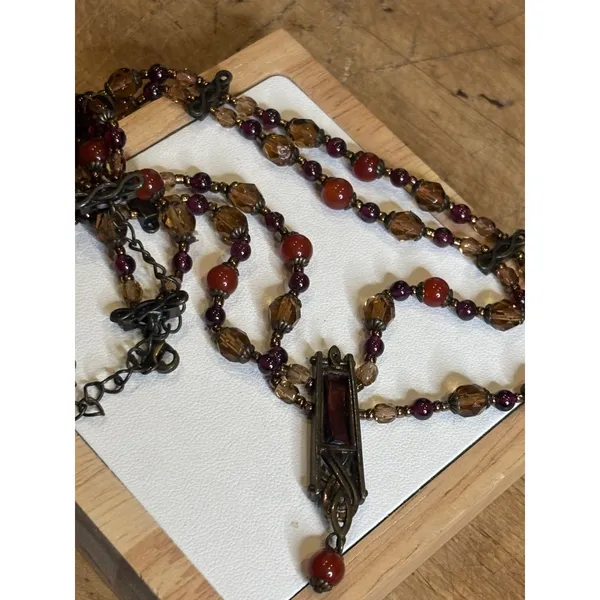 Vintage Multi-Strand Necklace With Red & Amber Beads Bronze Pendant & Chain Intr - Image 5