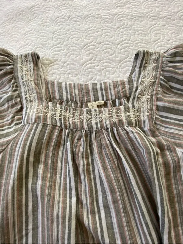 Studio West Brown Multi-Stripe Square Neck Peasant Blouse Linen and Cotton Blend - Image 6