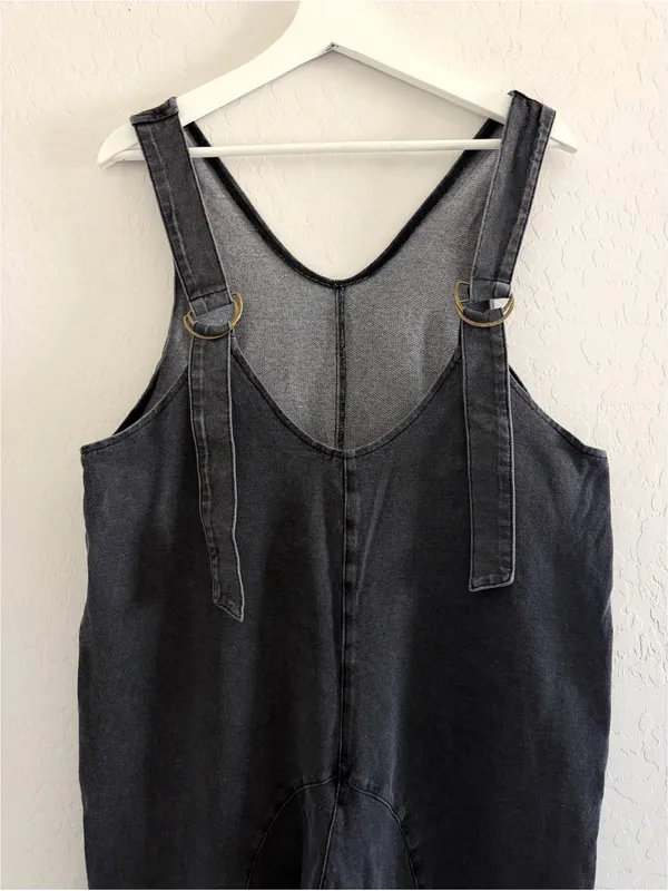 Exlura NEW High Roller Denim Bib Jumpsuit Loose Sleeveless Baggy Overalls Pockets M - Image 7