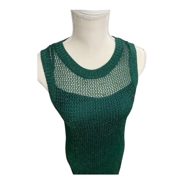 Metallic Green Mesh Midi Dress Size XS Bodycon Crochet Dress Sleeveless - Image 4
