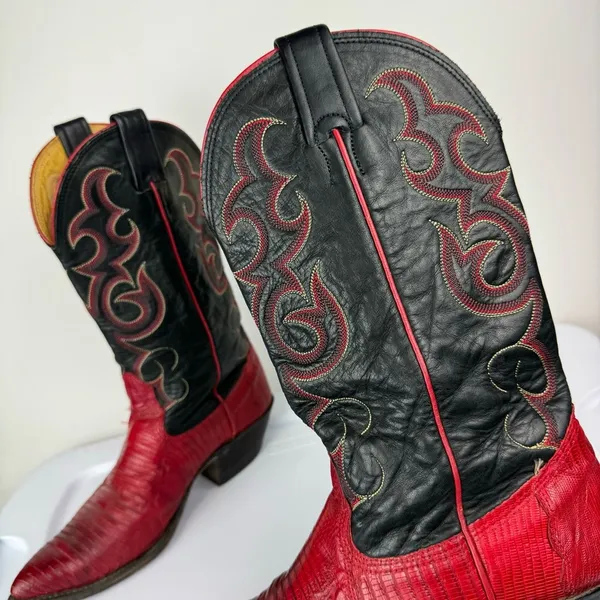 Vtg Nocona Red Black Lizard Leather Westerm Cowgirl Boots Sz 7B - Image 10