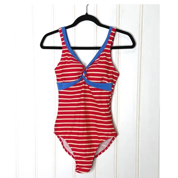 Boden Red White Striped One Piece Swimsuit Blue Trim Twist Front US 6 UK 10 - Image 6