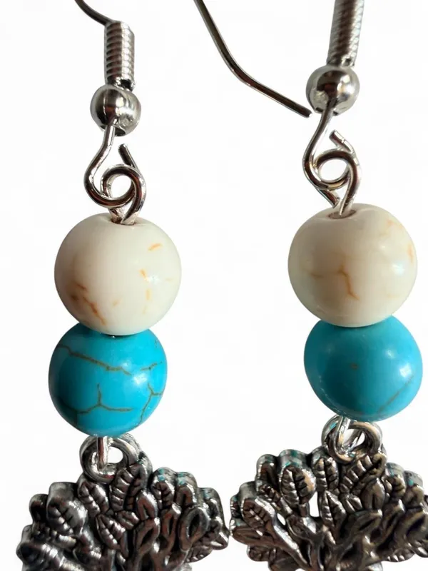 Handmade Tree of Life Dangle Earrings - White & Turquoise Bead - Image 4