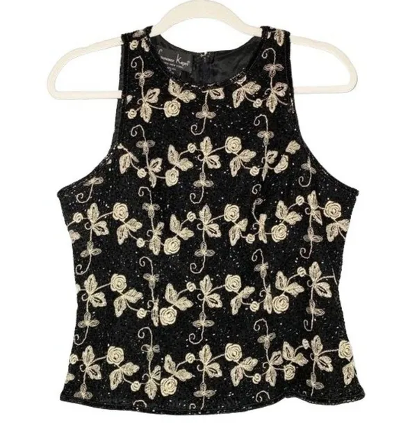 Laurence Kazar Silk Beaded Top Size Large Floral Embroidered Sleeveless Sz L - Image 3