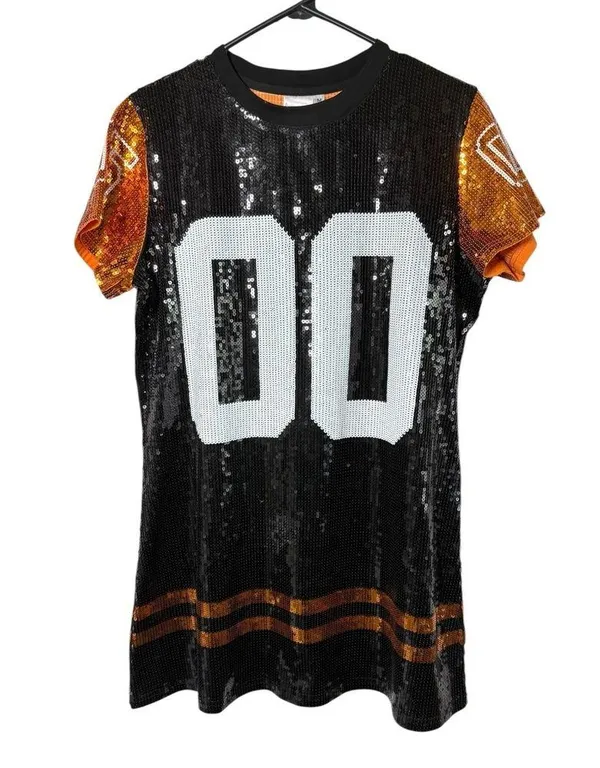 Queen Of Sparkles Black & Orange Full Sequin Jersey Dress Sz Medium - Image 2