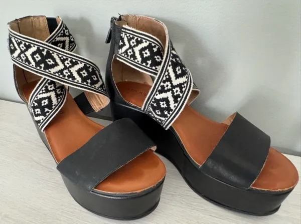 Lucky Brand GWINDOLIN Espadrille Wedge Sandal Black Leather Open Toe Platform 5 - Image 5
