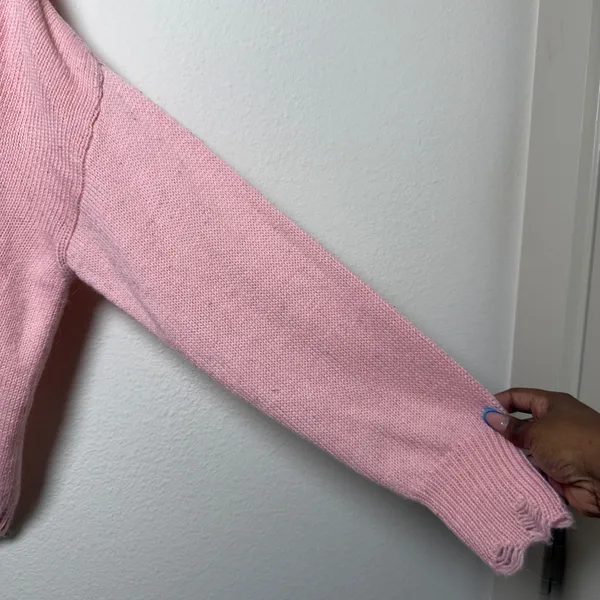 Wildfox Women Sweater Large Pink Bow Distressed V-Neck Oversized Pullover - Image 3