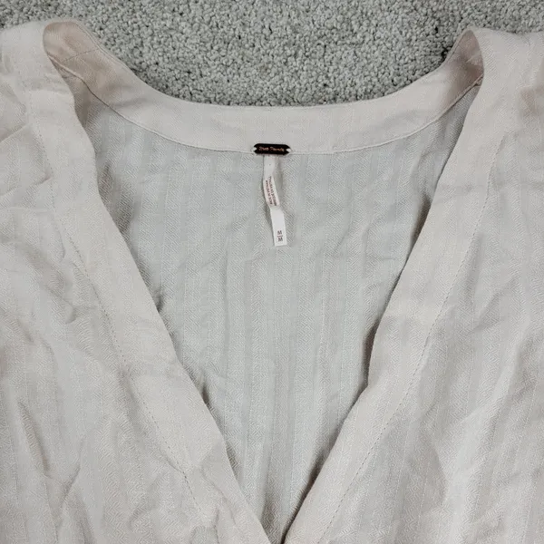 Free People Womens Belted‎ Top Medium Cream Solid Button Down Long Sleeve Blouse - Image 14
