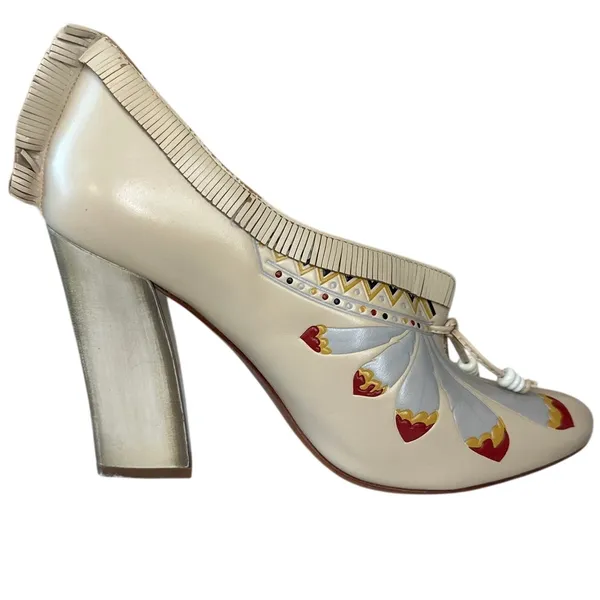 Tory Burch Yuma Fringe Feather Heel 7.5 Folk Art Block‎ Pump - Image 9