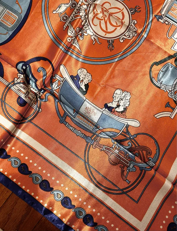 Vintage Equestrian HORSE&CARRIAGE print orange/blue oversized silky Scarf 35/35 - Image 4