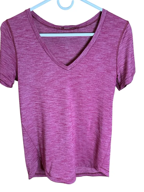 lululemon What the Sport Tee in Heathered Regal Plum. Short Sleeve. V-Neck - Image 2