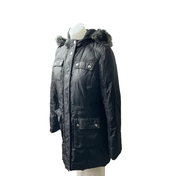 Aqua Black Faux Fur Trim Quilted Long Sleeve Hooded Puffer Parka Coat Jacket XS - Image 3