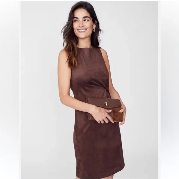 J.McLaughlin Brown Faux Suede Twist Front Sleeveless Sheath Dress Medium - Image 2