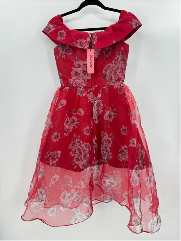 Chi Chi Red Dress Gray Floral Mini Skirt Midi Sheer Overlay Off Shoulder Size 4 - Image 4