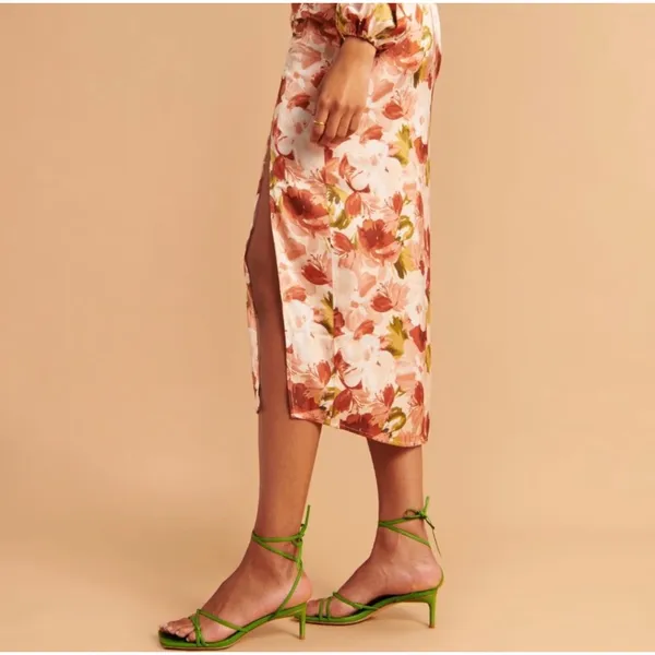 Abercrombie‎ & Fitch Womens Floral Ruched Satin Side Slit Midi Skirt Orange - Image 3