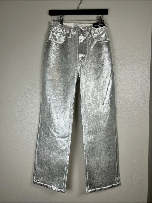 Abercrombie & Fitch Women's Metallic Silver Straight-Leg High-Rise Jeans Size 26 - Image 2