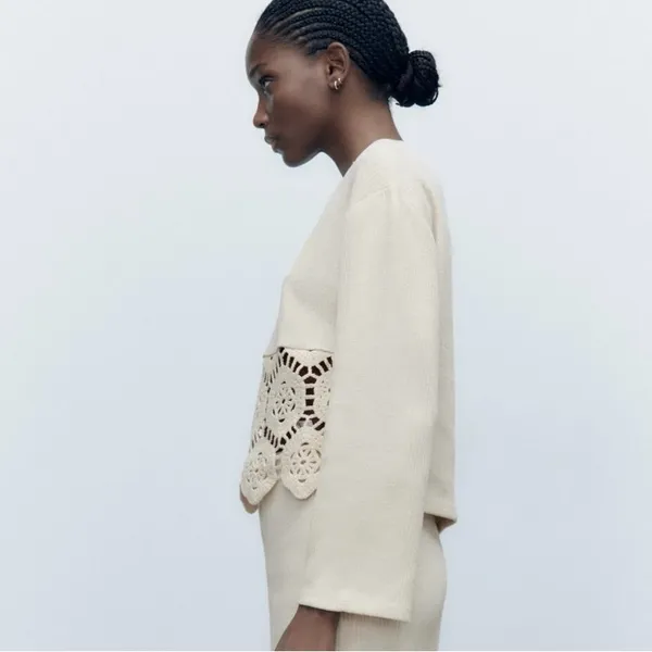 ZARA Beige Ecru Crocheted‎ Long Sleeve Sweater Sweatshirt Top Shirt Size Small - Image 4