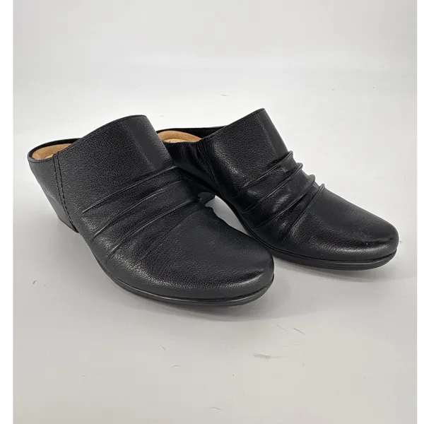 Clarks‎ Collection Mules Womens 6 Black Leather Ruched Slip On Block Heel Shoes - Image 3