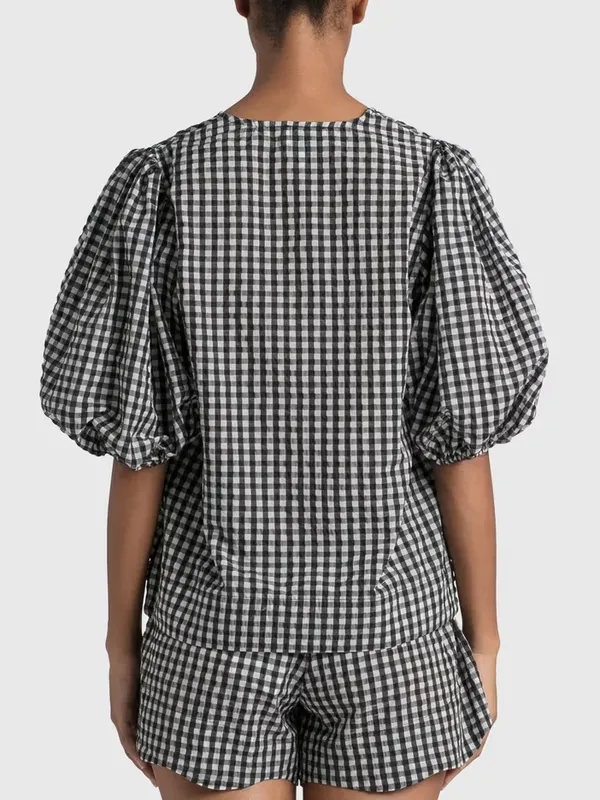 Ganni Seersucker Check Plaid Balloon Sleeve Blouse Womens 36 4 Black White - Image 4