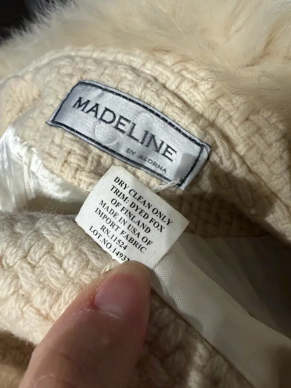 MADELINE by Alorna Wool Textured Tweed Dyed Fox Finland Cream Long Coat Fox Fur Collar Sz 12 - Image 6