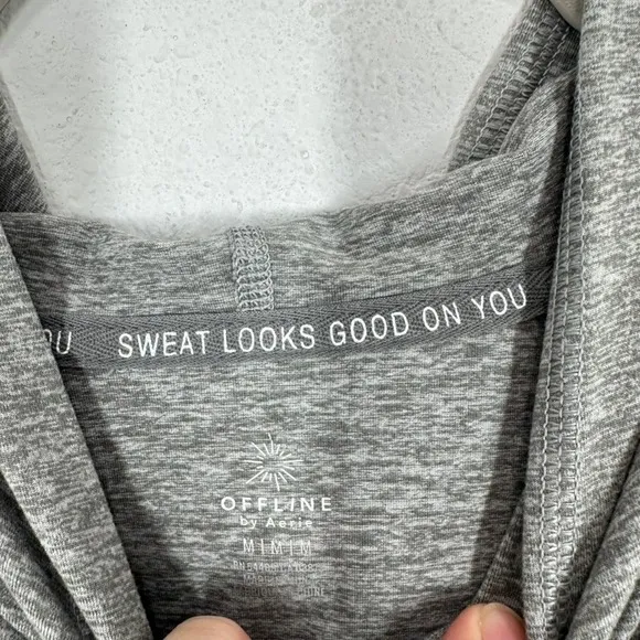 Aerie Offline‎ Grey Heathered Hoodie Thumbholes Zipper Pockets Athleisure Size M - Image 5