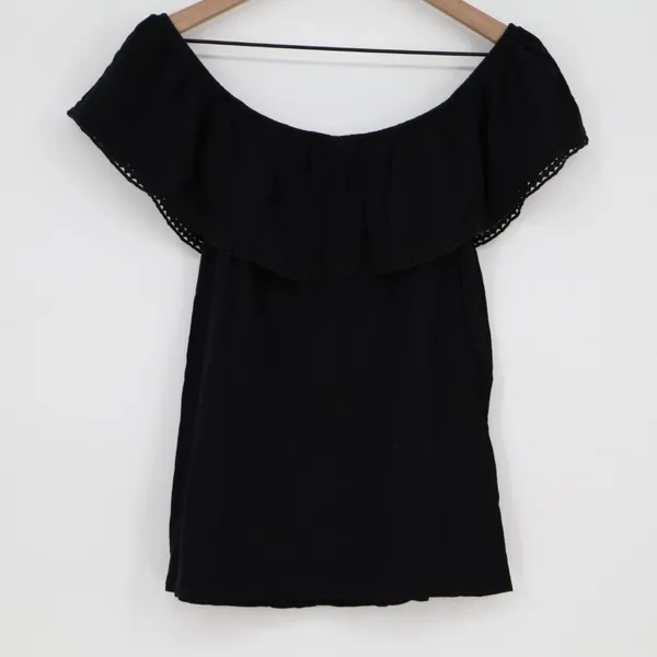 Old Navy Blouse Top Womens Medium Black Cotton Pleated Off the Shoulder Outdoor - Image 5