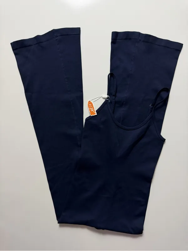 NWT Amazon Ribbed Flared Leg Jumpsuit, Navy Blue, Size S - Image 3