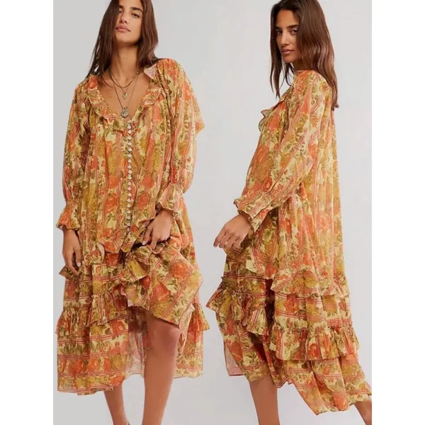 Free People Garden Wonders Maxi Dress Retro 70s Bohemian Floral Size Small - Image 3