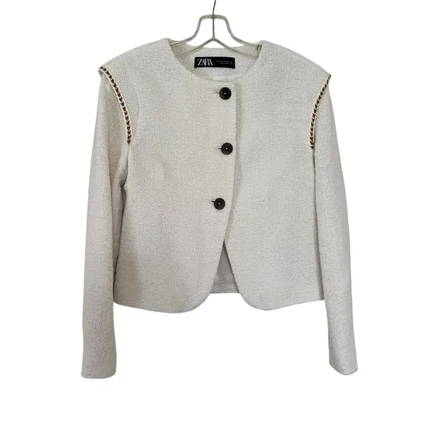 ZARA Pronounced Shoulder Textured Jacket Ecru Cream Wood Buttons Size XS Rare - Image 3