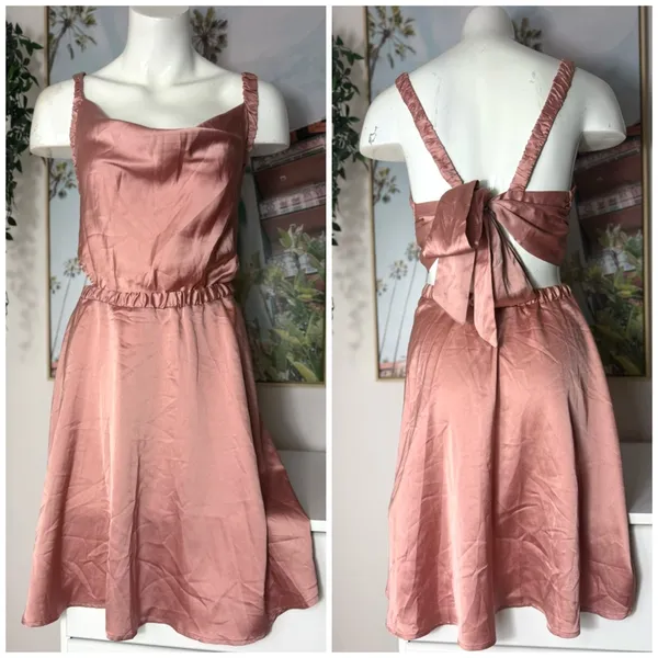 ASOS Design Blush Mauve Pink Satin Mini Dress 14 XL Cut Out Bow Back Skater - Image 5