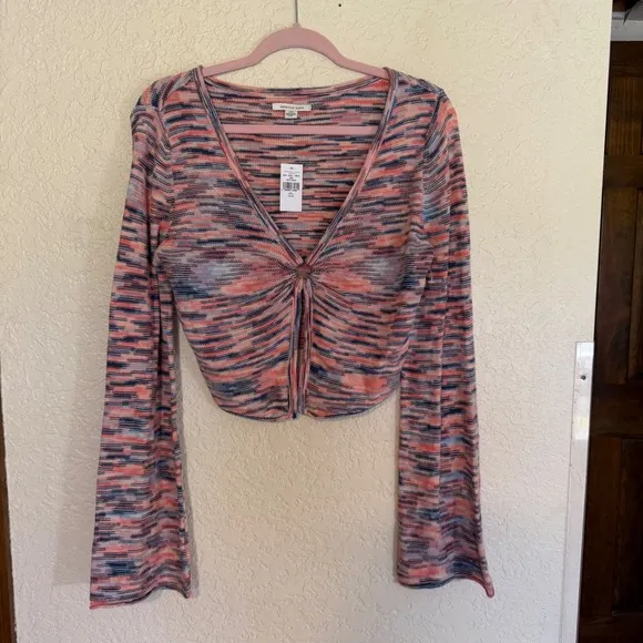 American Eagle‎ Cropped Cardigan Women L Pink Blue Space Dye V-Neck NEW - Image 3