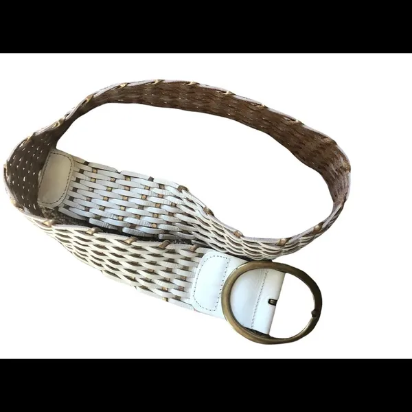 VTG Leather Woven White Bronze Belt Large Oval Brass Buckle Size M Boho - Image 4