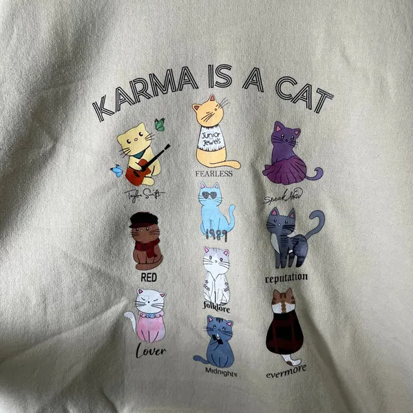 Karma Is A Cat Graphic‎ Crewneck Sweatshirt Eras Cats Beige Pullover Size Large - Image 2