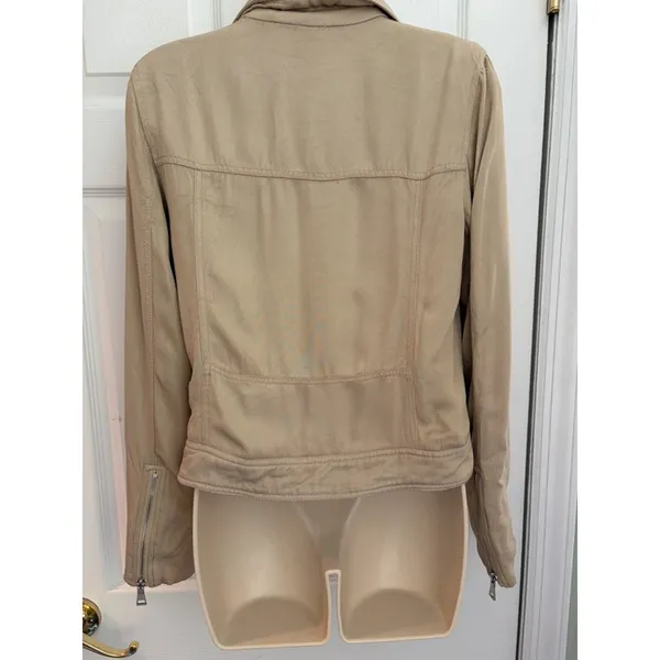 Elie Tahari Moto Jacket Beige Stretch Zip Cropped Womens S Biker Luxury - Image 4