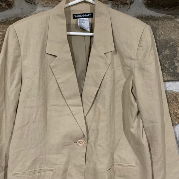 Vintage Beige Light Earth Tones Neutral Boho Beachy Linen Blazer - Image 2