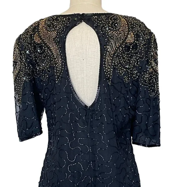 Vintage Black & Gold Silk Beadwork Cocktail Dress Open Back 80s Evening Party - Image 2