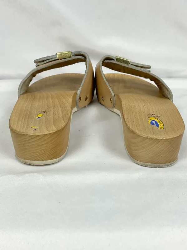Vintage Dr. Scholl's Pescura Wood Sandals Tan Leather Italy Size 7 Original - Image 6