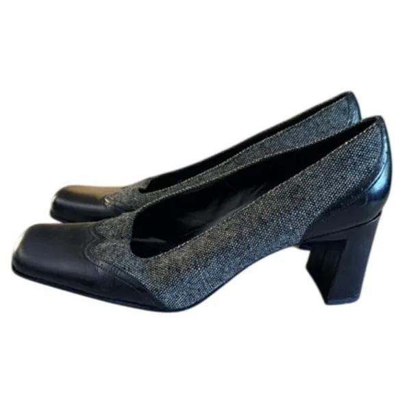 Bandolino Black Tweed Leather Block Heel Pumps Women's 7.5M Square Toe - Image 2
